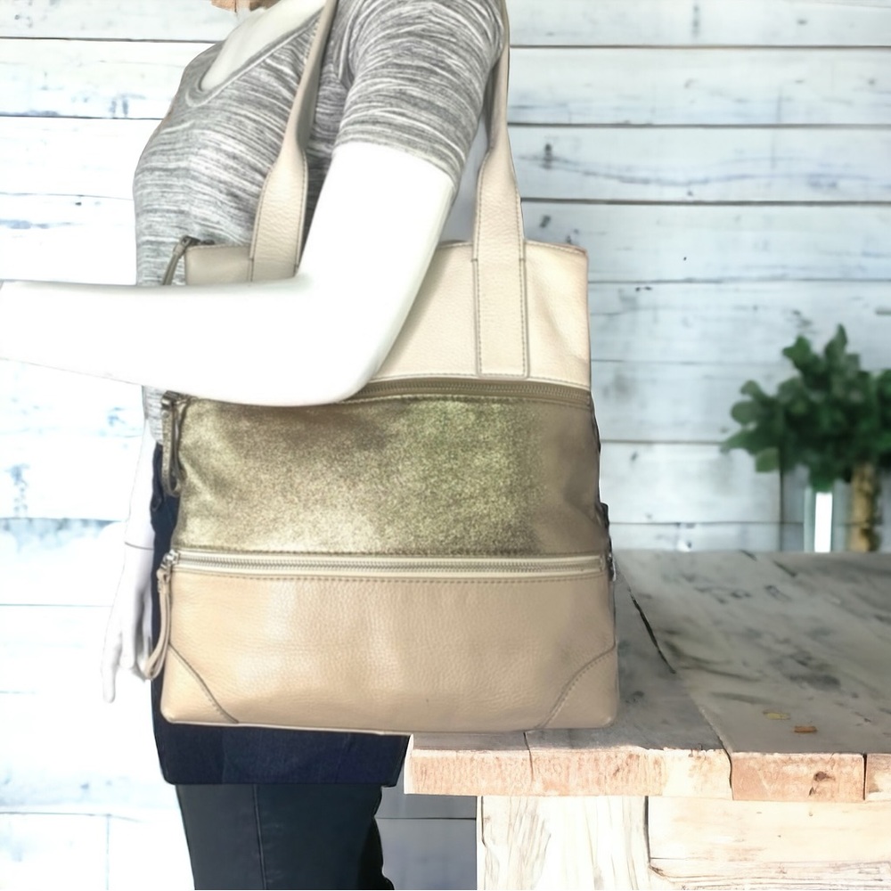 NWT Fossil Cream Metallic Gold Taupe Stripes Leather Large Shoulder Bag - Picture 3 of 7